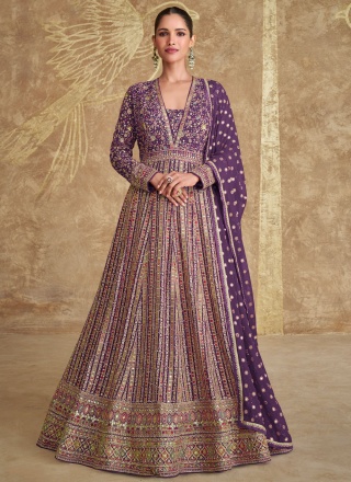 Irresistible Embroidered Purple Georgette Floor Length Gown