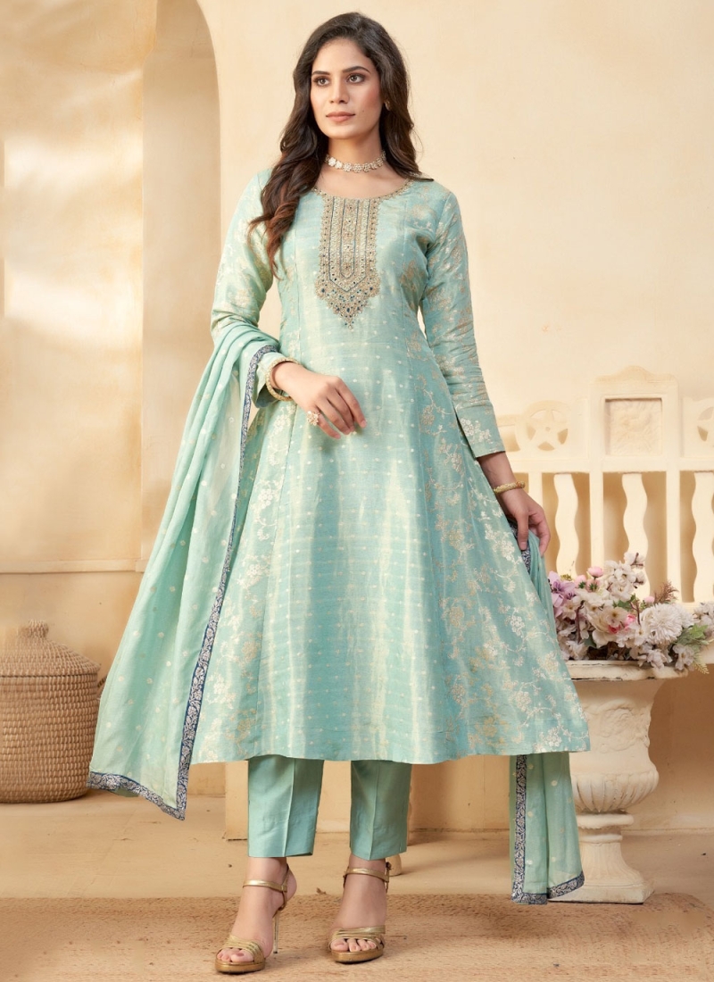 Jacquard Aqua Blue Jacquard Work Long Length Anarkali Salwar Suit