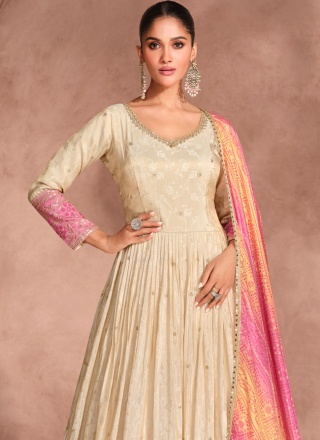 Jacquard Silk Embroidered Trendy Gown in Off White