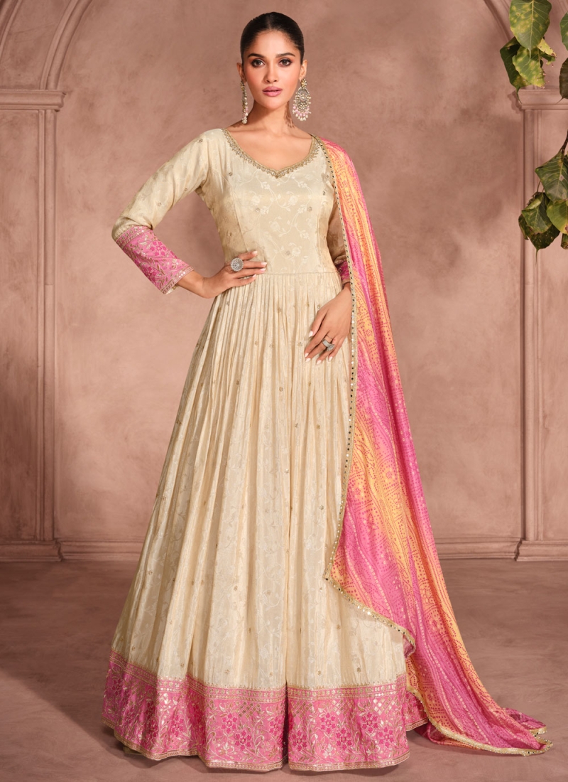 Jacquard Silk Embroidered Trendy Gown in Off White