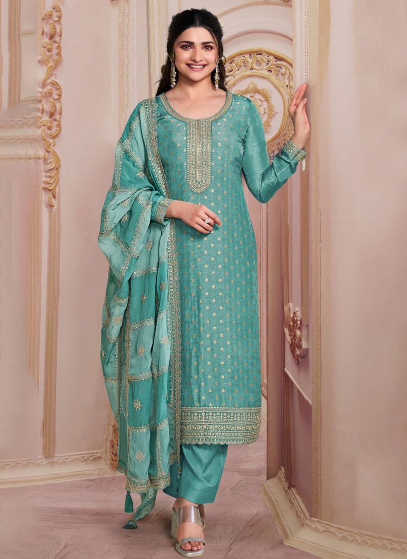 Jacquard Turquoise Sequins Designer Salwar Kameez