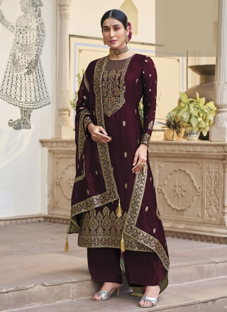 Jacquard Work Silk Designer Salwar Suit in Wine