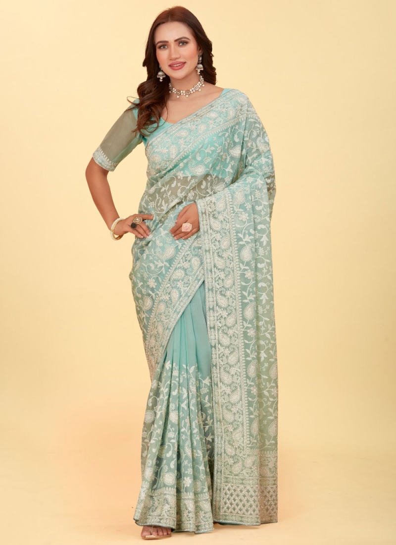 Jimmy Chu Embroidered Classic Saree in Aqua Blue