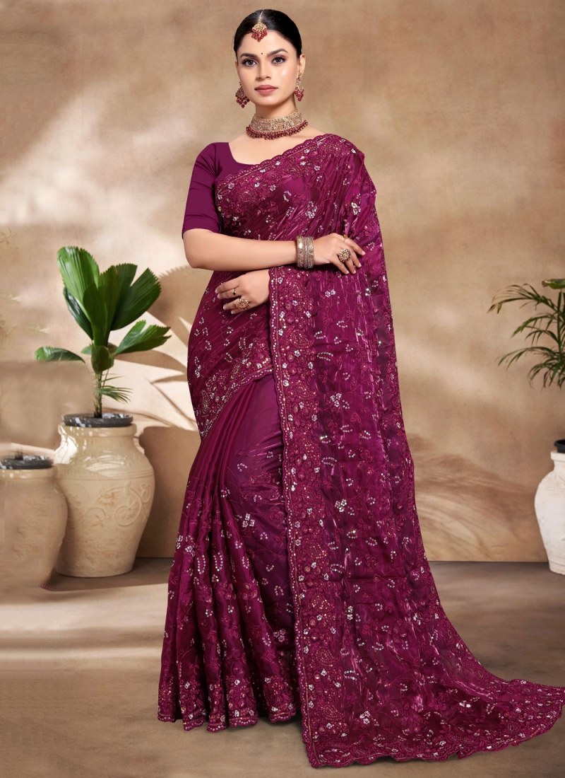 Jimmy Chu Wine Resham Designer Saree