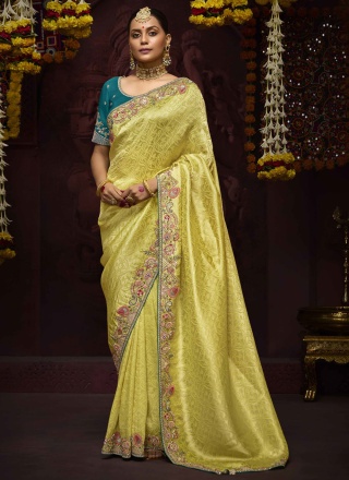 Kanjivaram Silk Embroidered Trendy Saree in Yellow