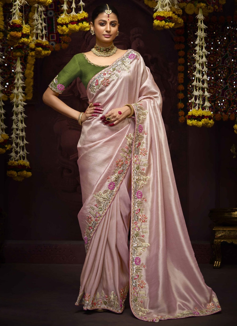 Kanjivaram Silk Pink and Purple Embroidered Contemporary Saree