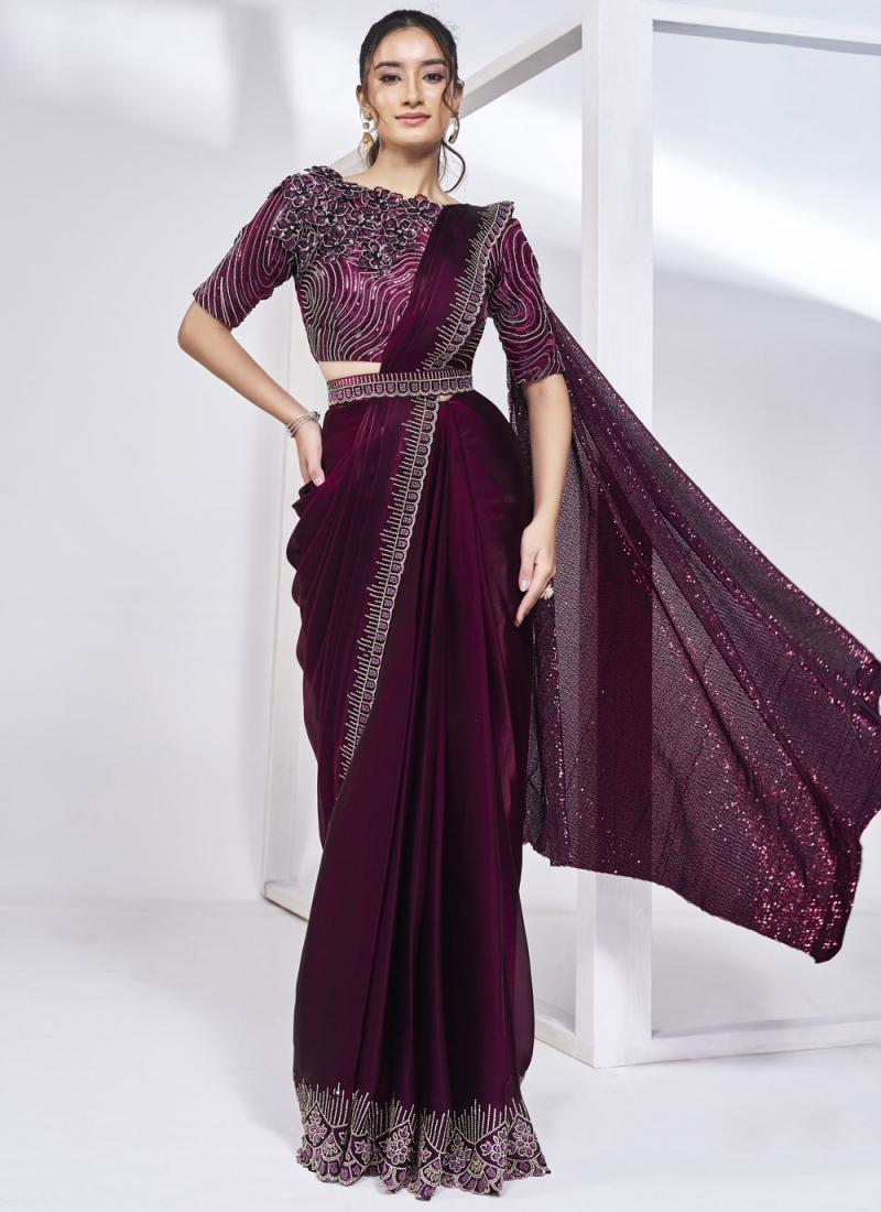 Khatli Work Satin Silk Classic Saree in Wine