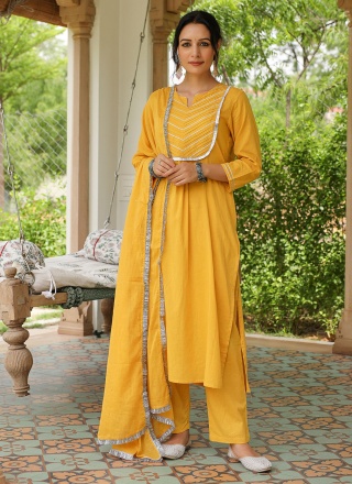 Lace Cotton Readymade Salwar Suit in Yellow