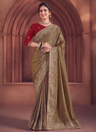 Latest Sequins Brown Art Silk Contemporary Saree