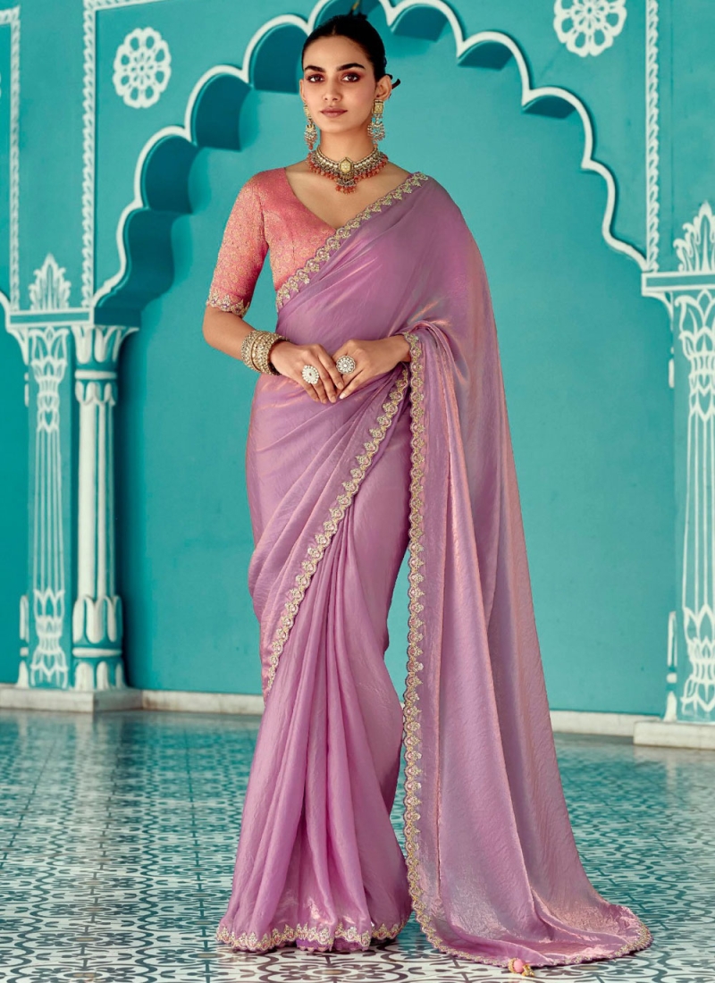 Lavender and Pink Cutdana Traditional Saree