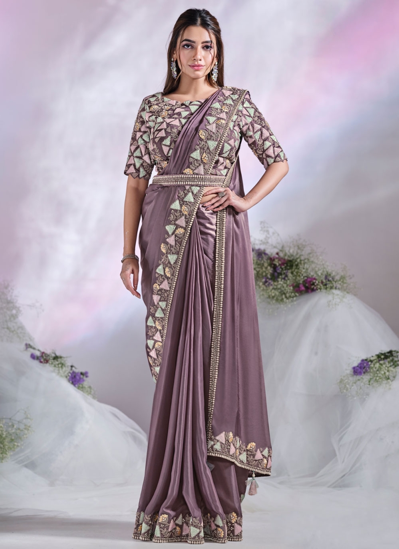 Lavender Ceremonial Satin Silk Contemporary Saree