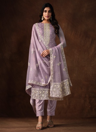 Lavender Embroidered Organza Trendy Salwar Kameez