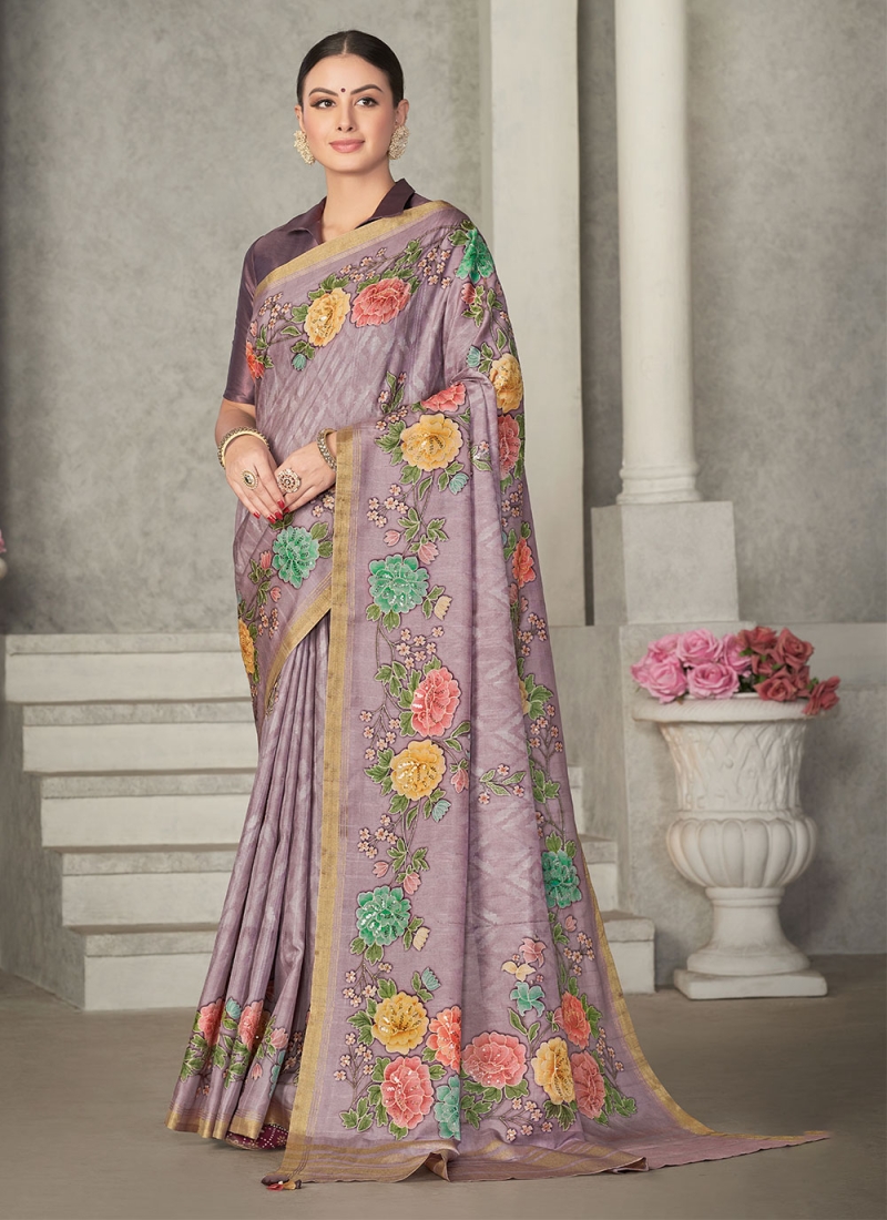 Lavender Festival Tussar Silk Trendy Saree