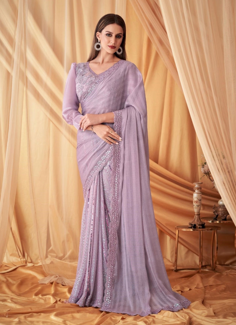 Magnificent light lavender colored designer sequence embroidered party wear  saree