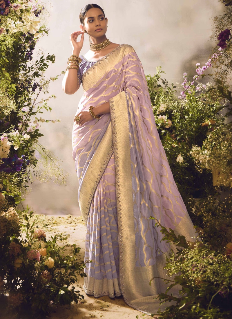 Lavender Silk Stone Traditional Saree