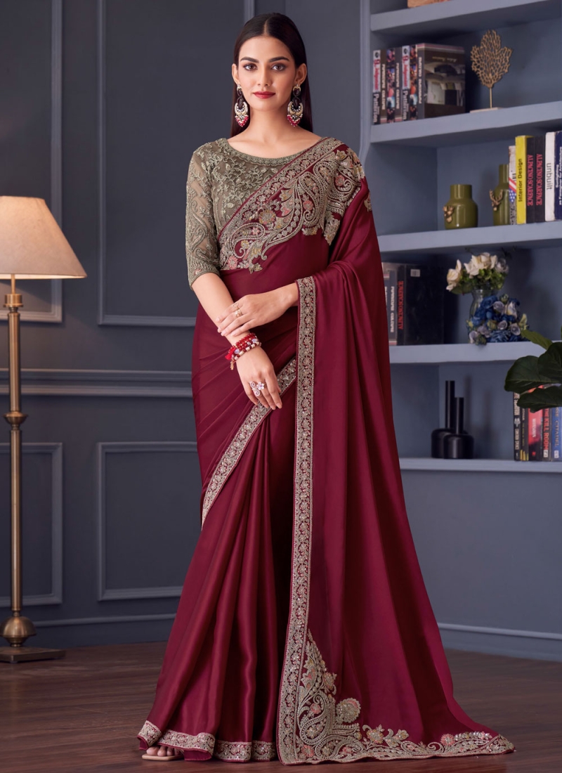 Lavish Wine Embroidered Satin Silk Classic Saree