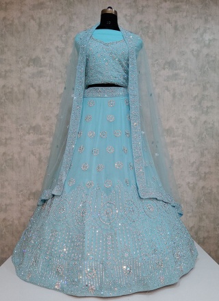Lehenga Choli Embroidered Georgette in Aqua Blue