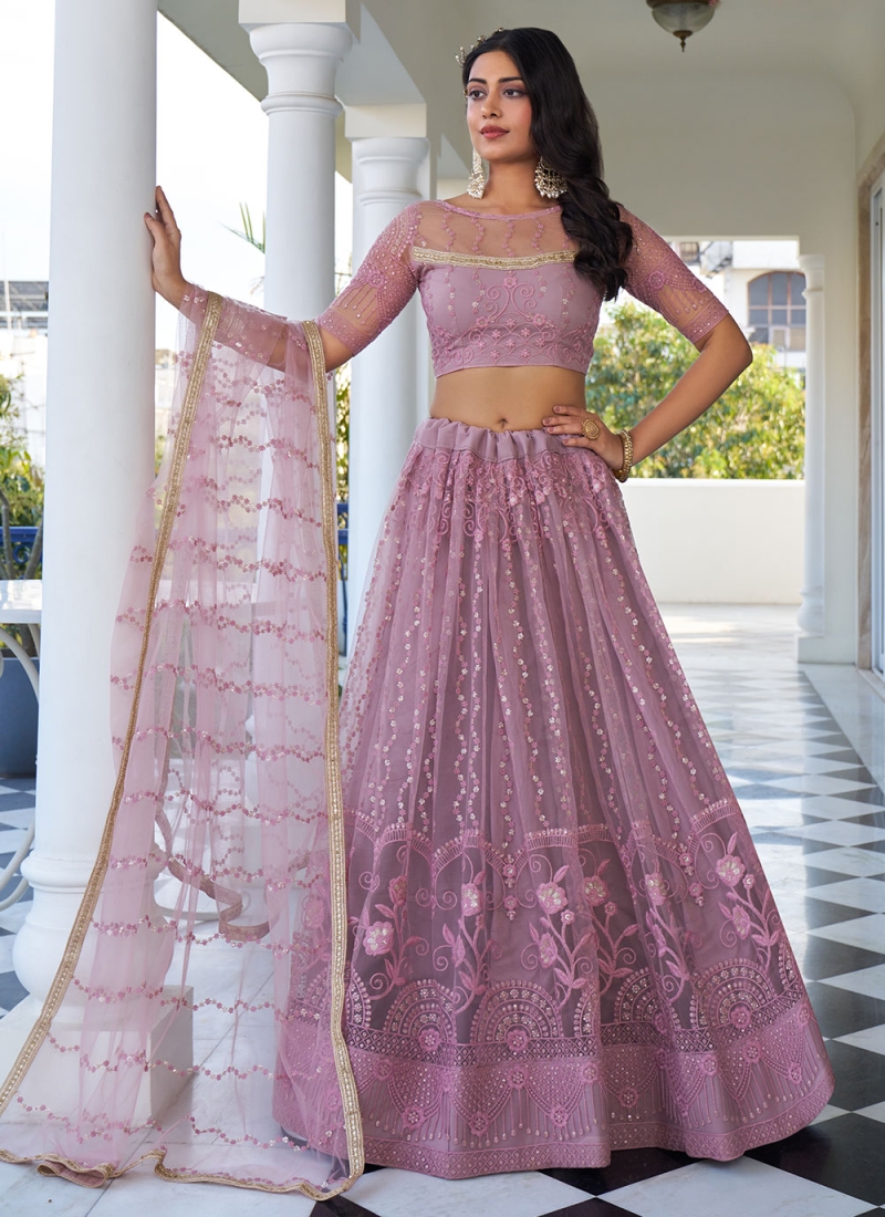 Lehenga Choli Embroidered Net in Pink