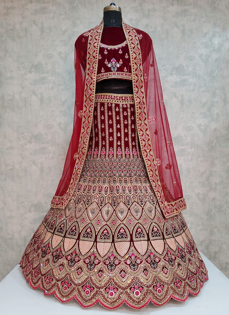 Lehenga Choli Embroidered Velvet in Maroon