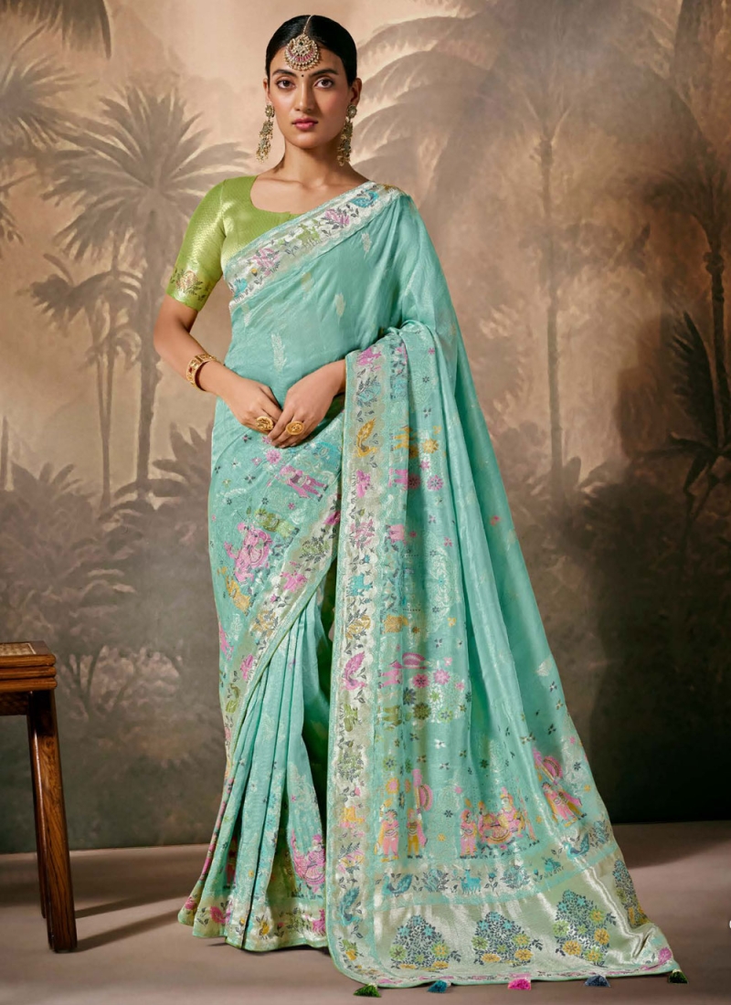 Lovable Floral Patterns Aqua Blue Silk Trendy Saree