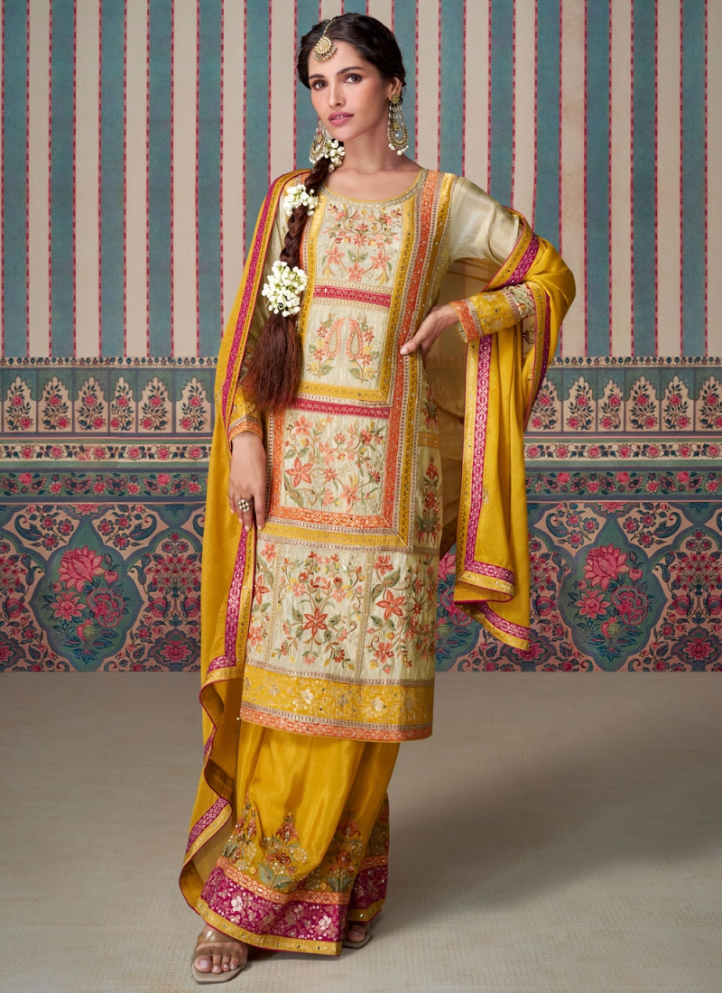 Lovable Stone Beige and Yellow Silk Trendy Salwar Kameez