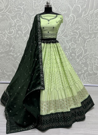 Lovely Green Embroidered Georgette Designer Leheng