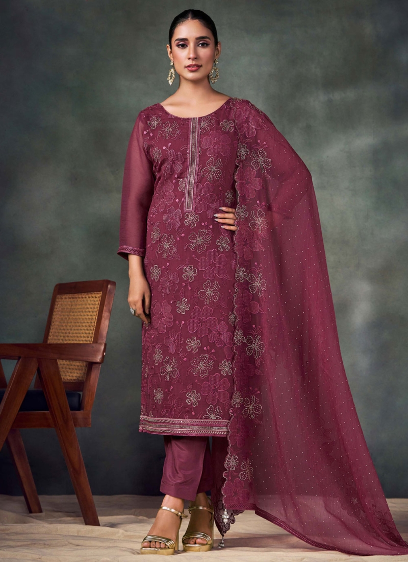 Lovely Swarovski Chiffon Magenta and Purple Salwar Kameez