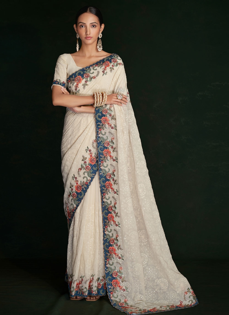 Buy Georgette Lucknowi Saree for Women Online from India's Luxury Designers  2024