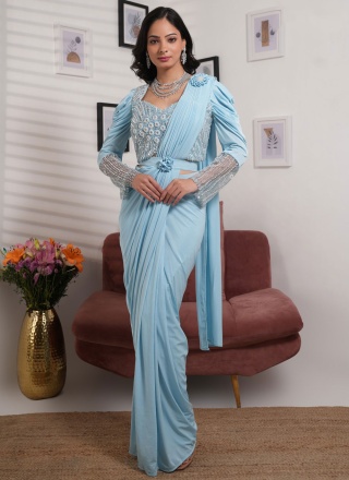 Lycra Aqua Blue Embroidered Classic Saree