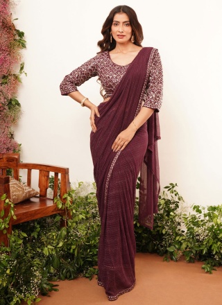 Lycra Embroidered Designer Saree in Burgundy