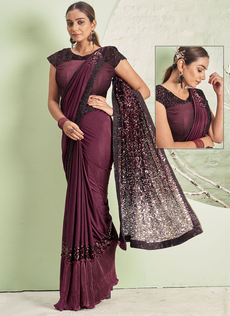 Mauve Floral Embroidered Sequinned Organza Saree– Inddus.in