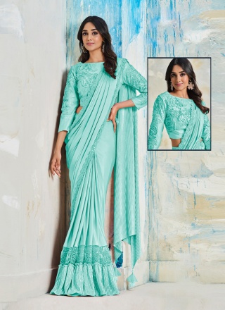 Lycra Turquoise Embroidered Contemporary Style Saree