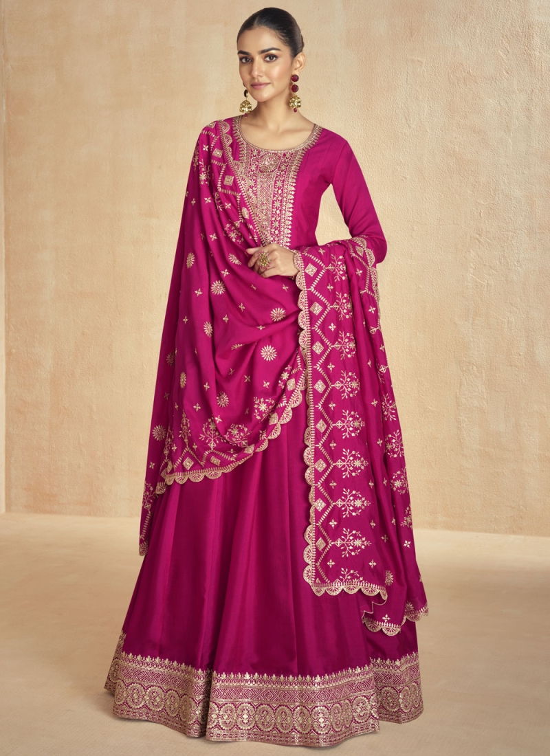 Magenta and Rani Zari Readymade Gown