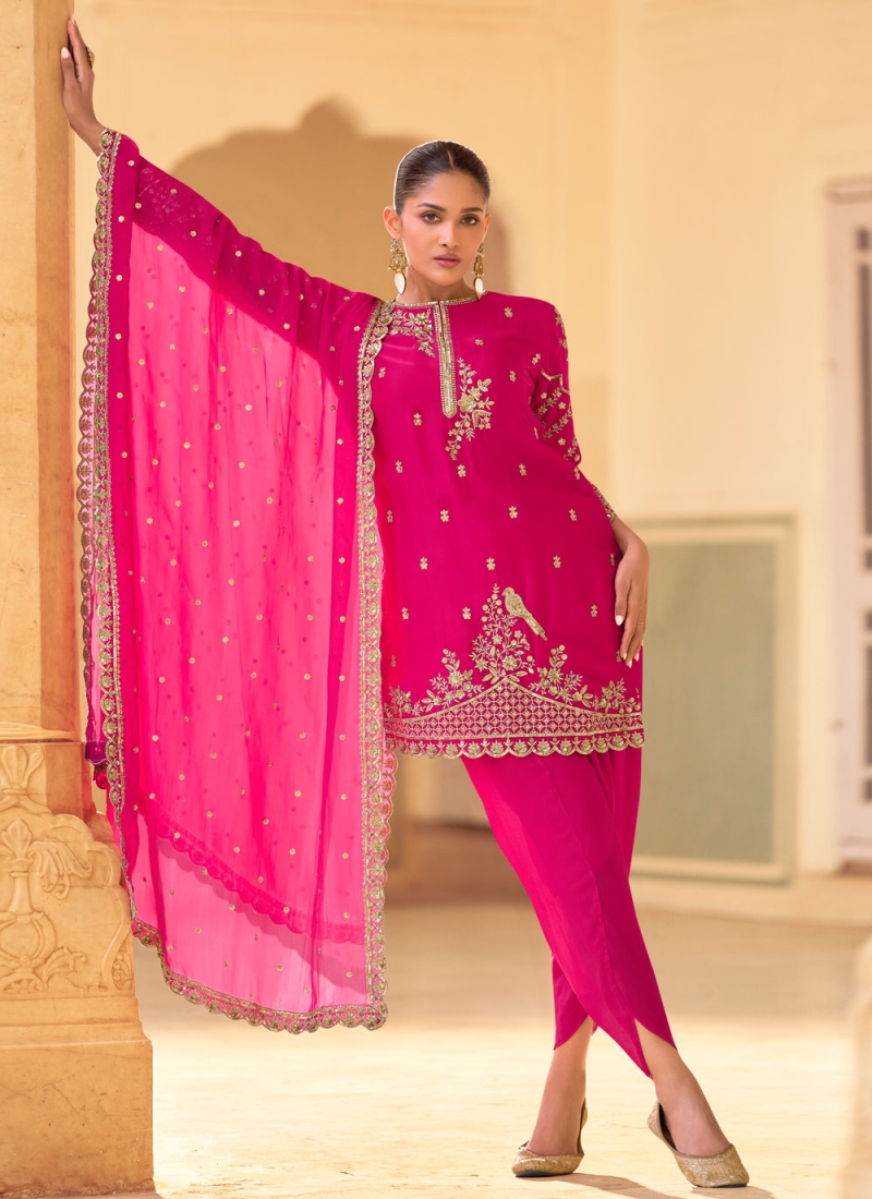 Magenta Ceremonial Crepe Silk Readymade Salwar Kameez