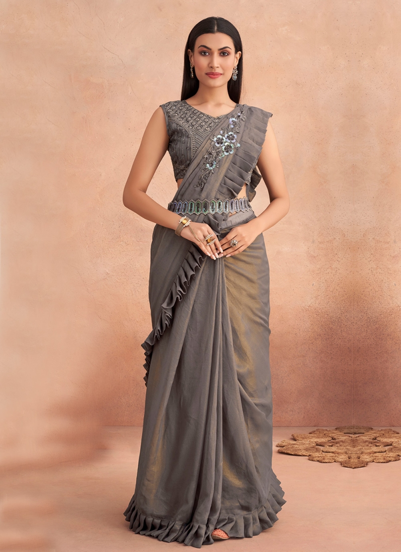 Black Embellished Sequinned Pre Stitched Lehenga Saree in Georgette with  Ruffle Border