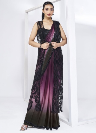 Magnetize Handwork Black and Wine Satin Silk Classic Saree