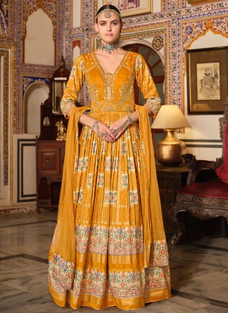 Majestic Mustard Foil Print Trendy Gown