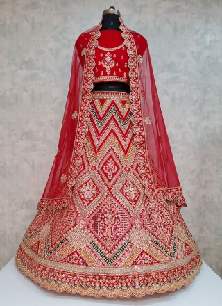Majestic Velvet Embroidered Red Lehenga Choli