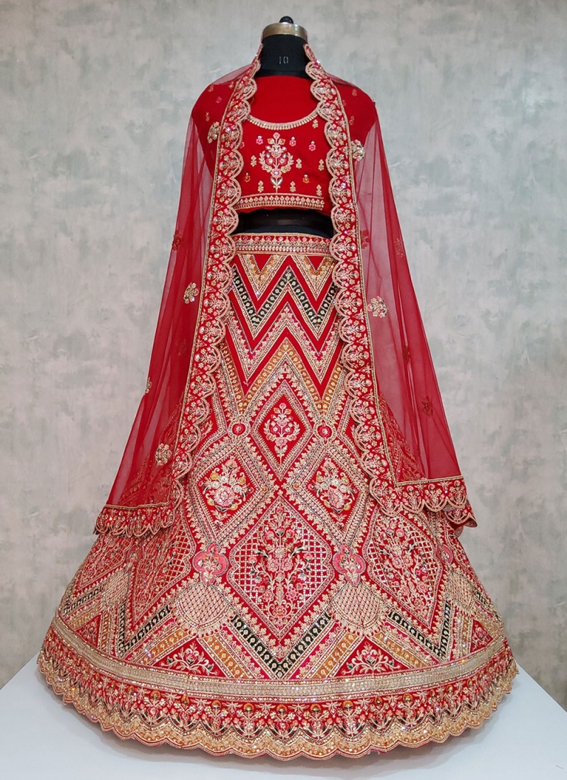 Majestic Velvet Embroidered Red Lehenga Choli