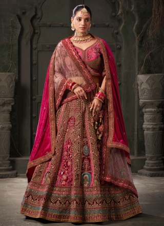 Maroon and Rani Embroidered Lycra Readymade Lehenga Choli