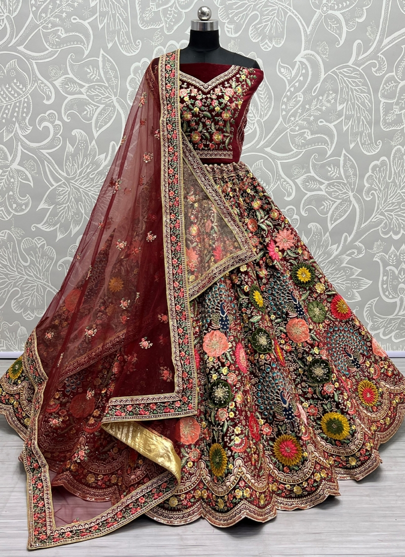 Red Maroon Velvet Bridal Lehenga Choli SFRNK8606 – ShreeFashionWear