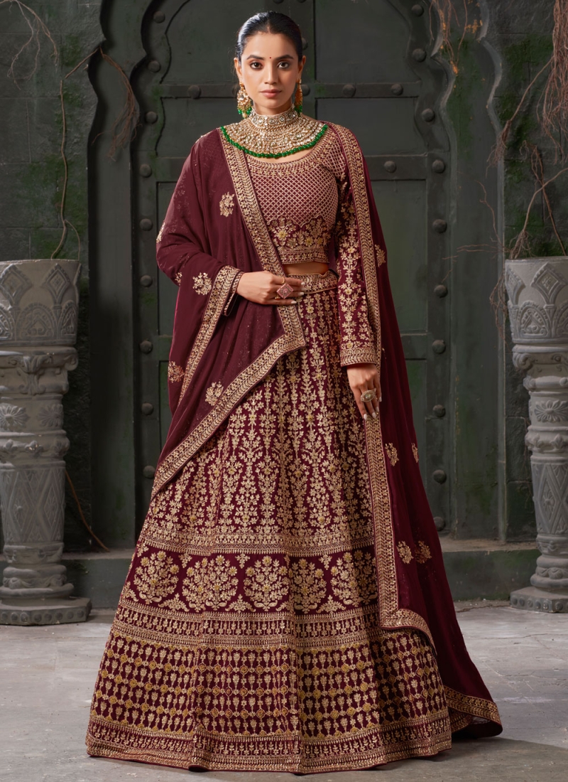 Maroon Mehndi Georgette Readymade Lehenga Choli