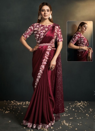 Maroon Satin Silk Reception Contemporary Style Saree