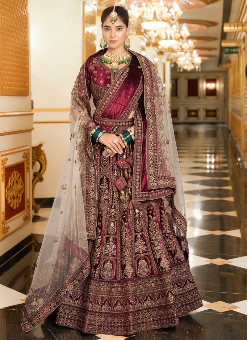 Maroon Velvet Readymade Lehenga Choli