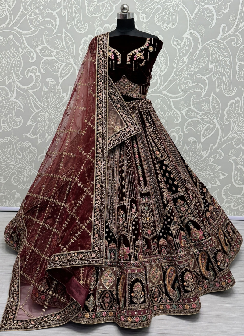 Maroon Velvet Sangeet Lehenga Choli