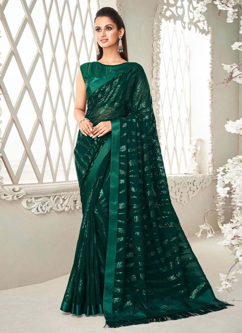 Pure Dark Green Georgette Saree & Beautiful Yellow Blouse - VootMart.com