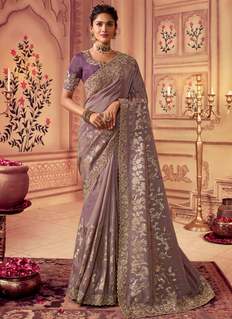 Lavender color Kanjivaram Silk Designer Saree with Embroidered