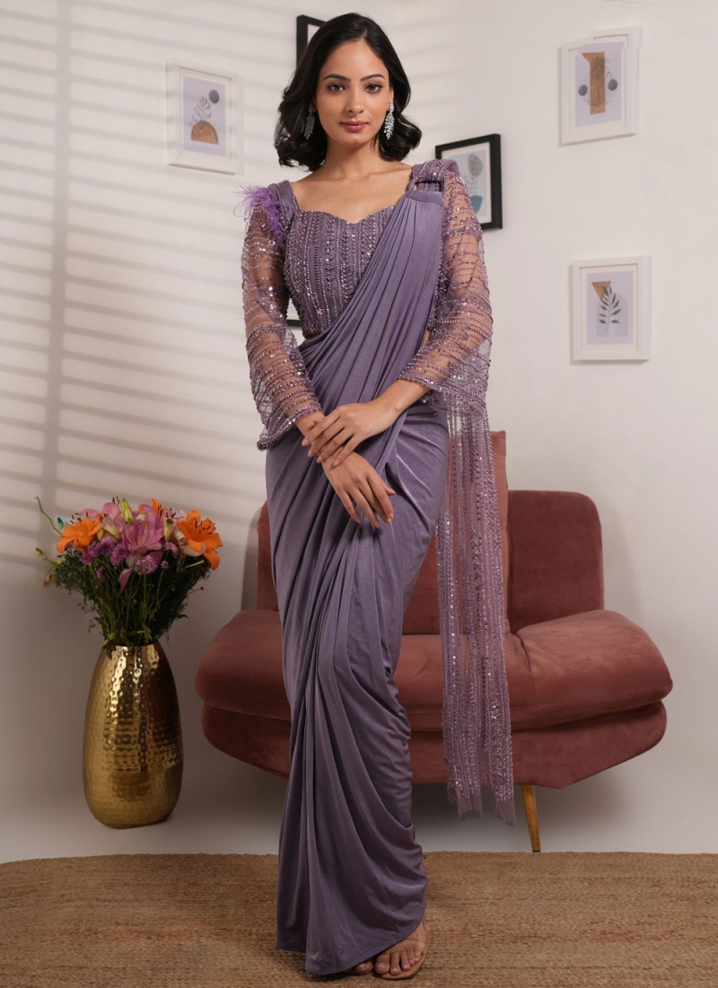 Mesmeric Grey and Lavender Lycra Trendy Saree