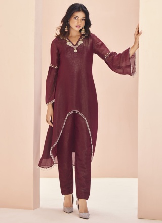 Mesmeric Wine Embroidered Organza Casual Kurti