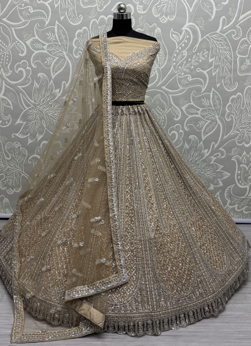 Mesmeric Zircon Net Beige and Gold Trendy Lehenga Choli